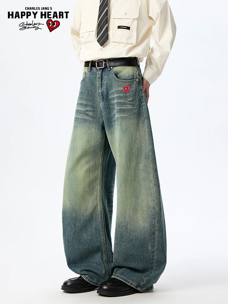 Calças Jeans Americanas Retrô Charles Heart com Textura de Bambu Lavado para Homens e Mulheres, Tendência de Verão, Soltas, C...