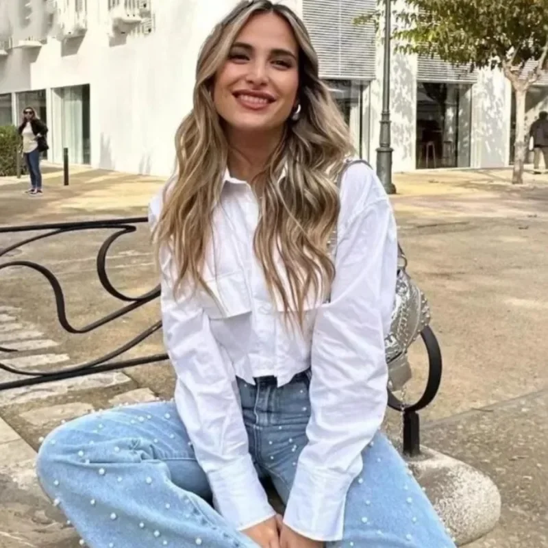 

2025 Women Solid White Blouse Long Sleeve With Pocket Casual Loose Chic Tops Office Lady Fashion Basic Versatile Shirt