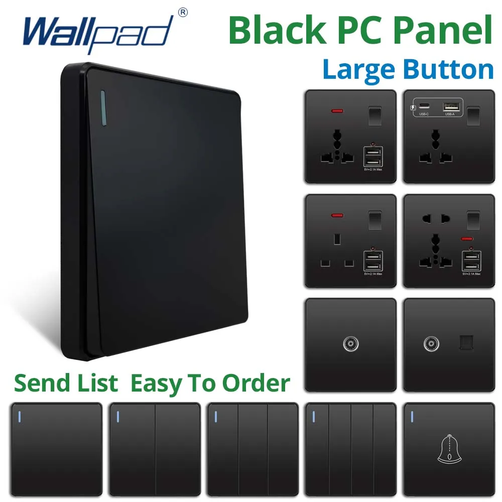 

Wallpad Black Rimless Plastic Panel Large Button Switch With fluorescence EU UK Socket Type C USB Charge Port 5V 3.1A