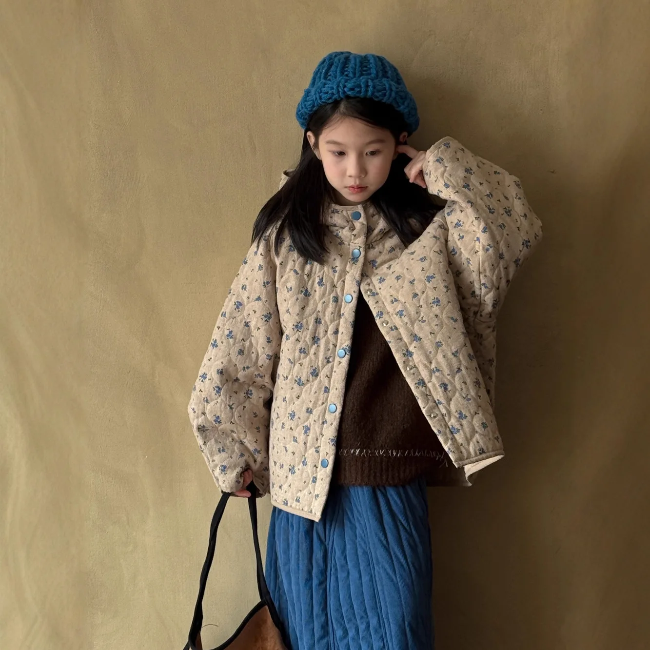 

Winter Children Girls Parkas Cotton Thicken Warm Blue Floral Print Toddler Girls Outerwear Hooded Padded 1-10Y Girl Jacket Coats