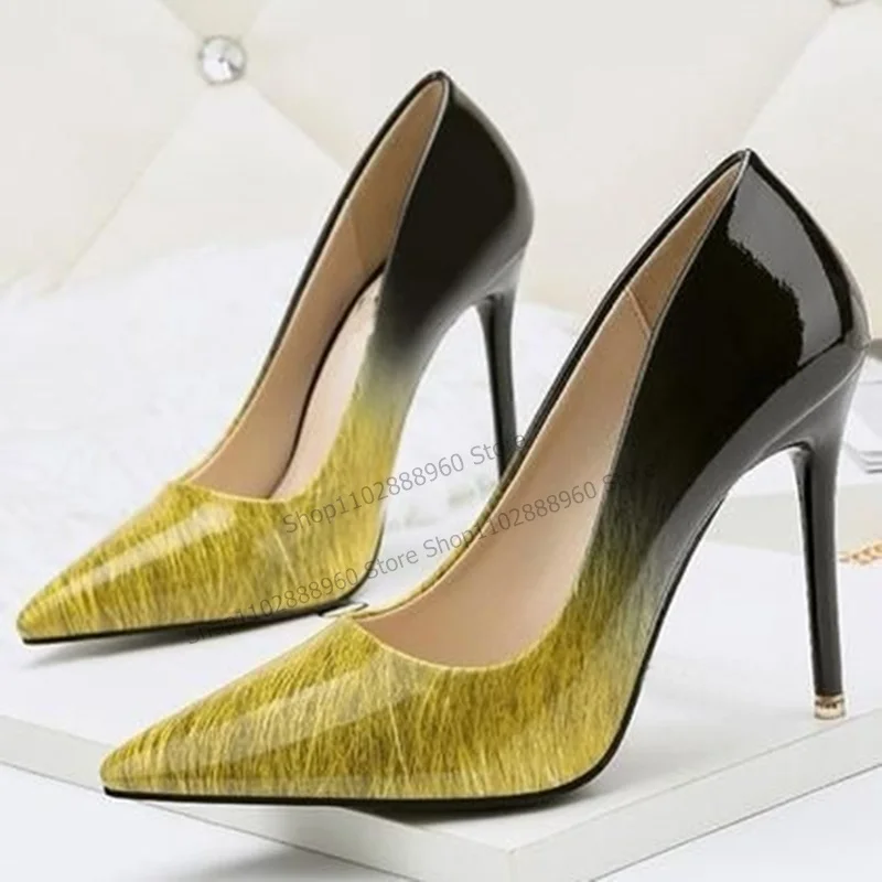 Gradient Shallow Patent Leather Print Pumps Stilettos High Heel Women Shoes Slip-On Pointed Toe 2023 Fashion Zapatos Para Mujere