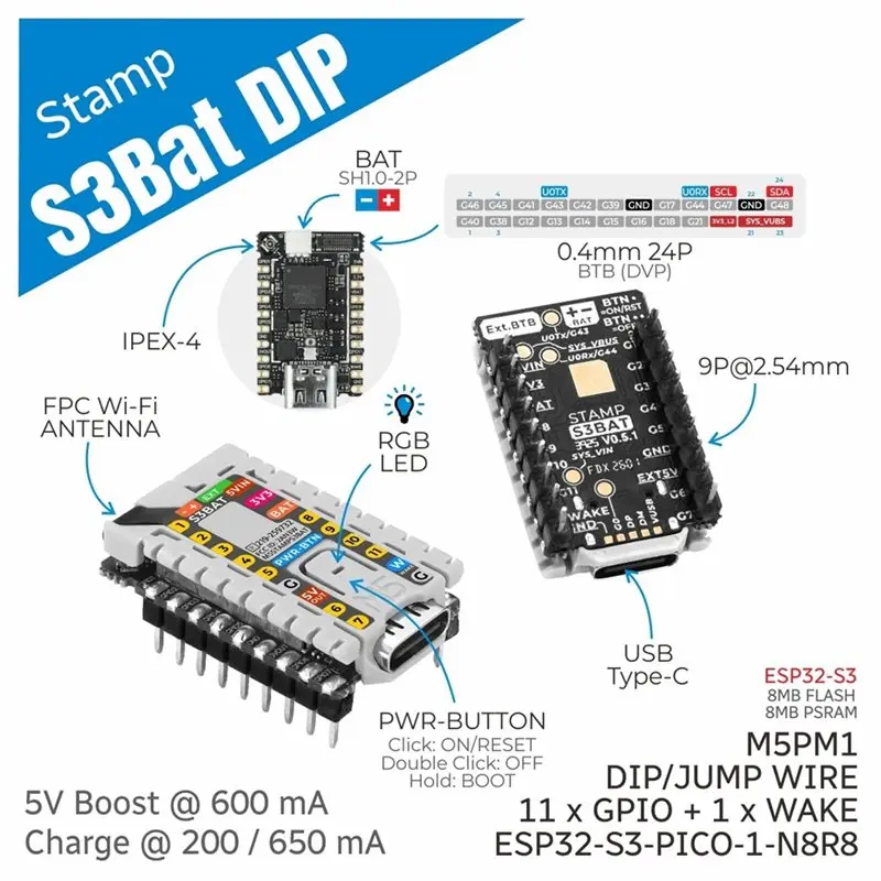 AS95-Stamp-S3bat DIP Embedded Core Module With Integrated Power Management ESP32-S3 M5stamps3 BAT Module With 2.54 Header Pin