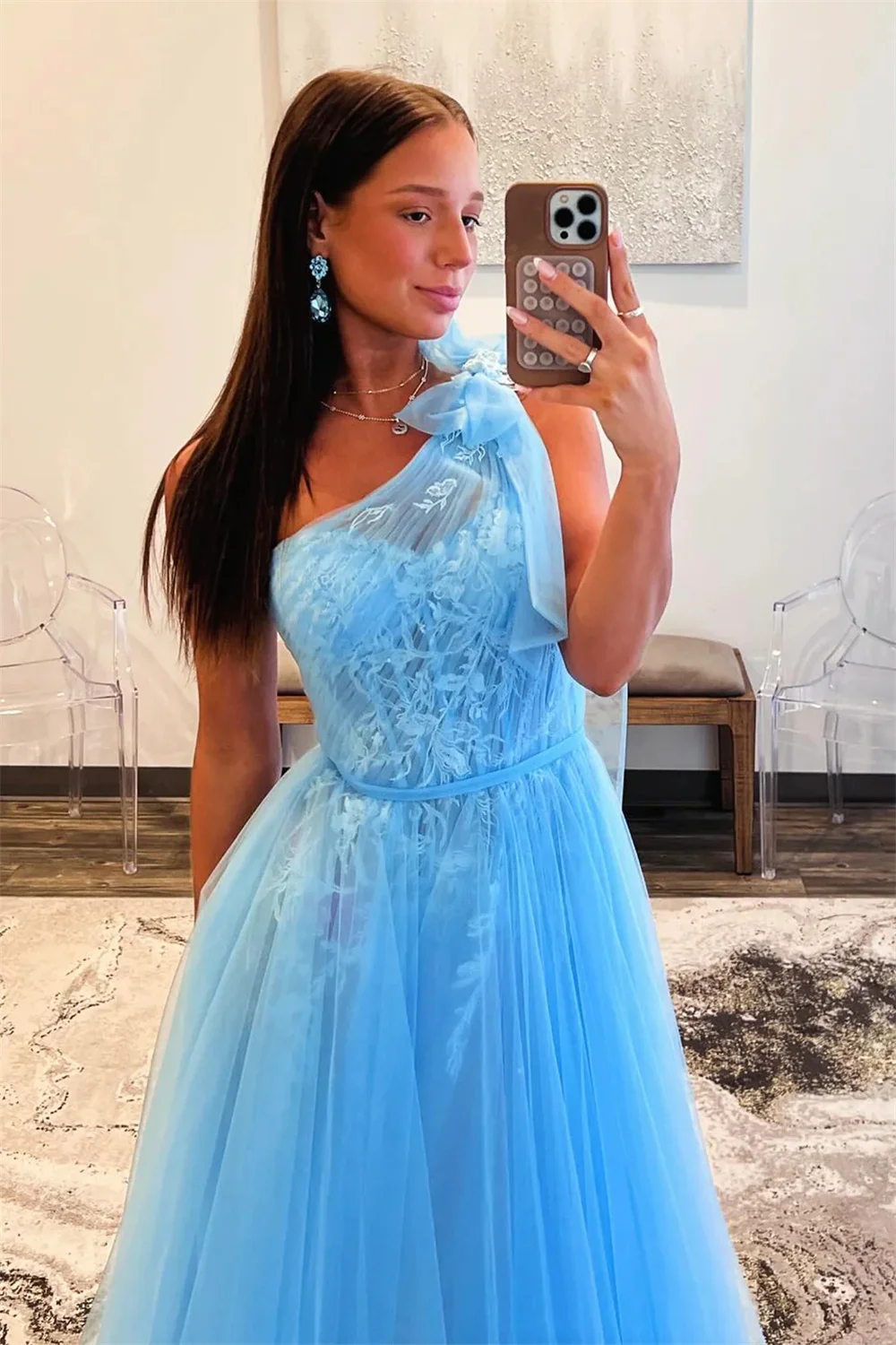 Annie Light Blue One Shoulder Prom Dresses Tulle Embroidery Evening Dresses  A-shaped Elegant Party Dress Robes De Soirée