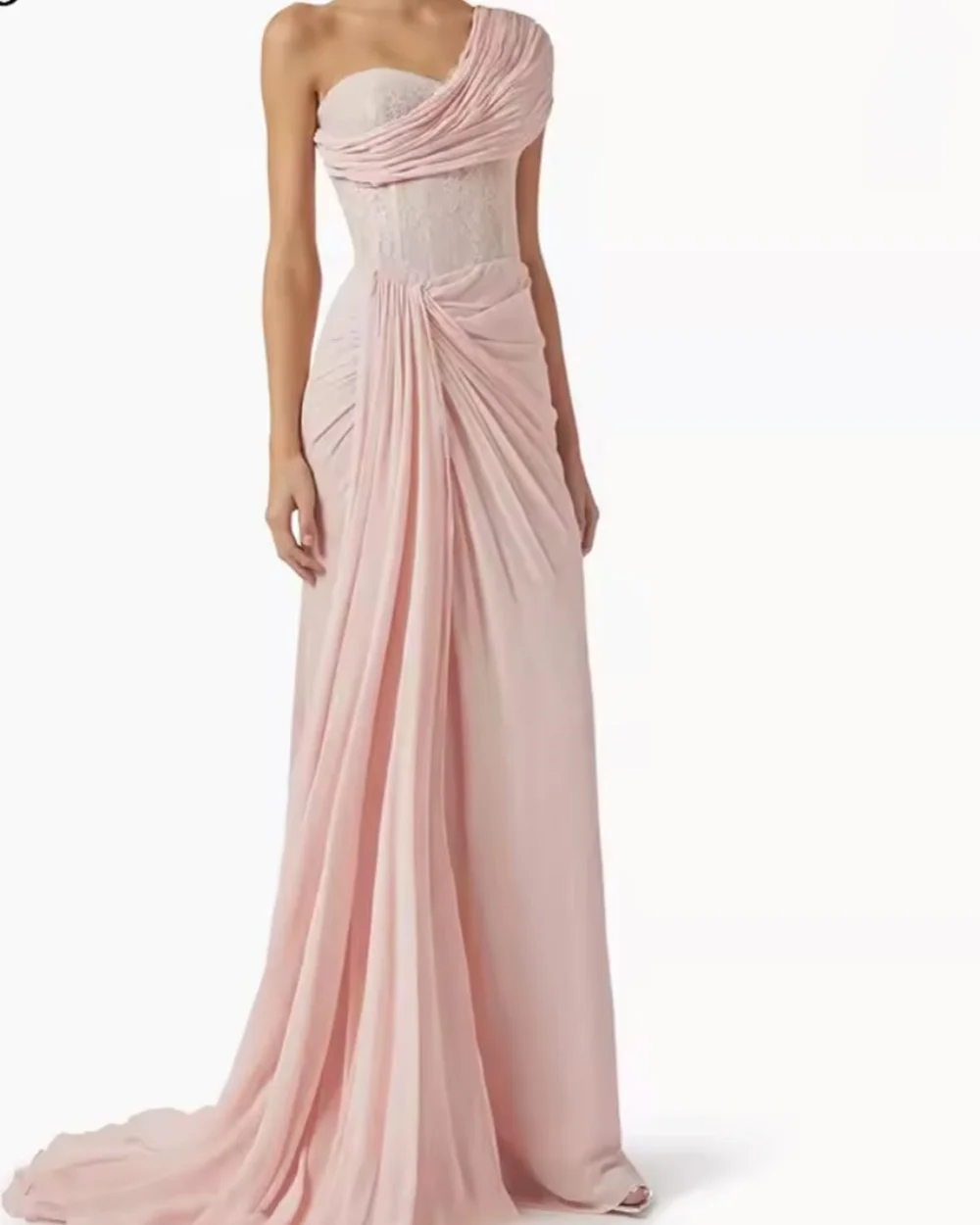 

Customized Pink Classic Chiffon Pleat Draped Lace A-line One-shoulder Long Dresses Evening Dresses Sizes Available Formal