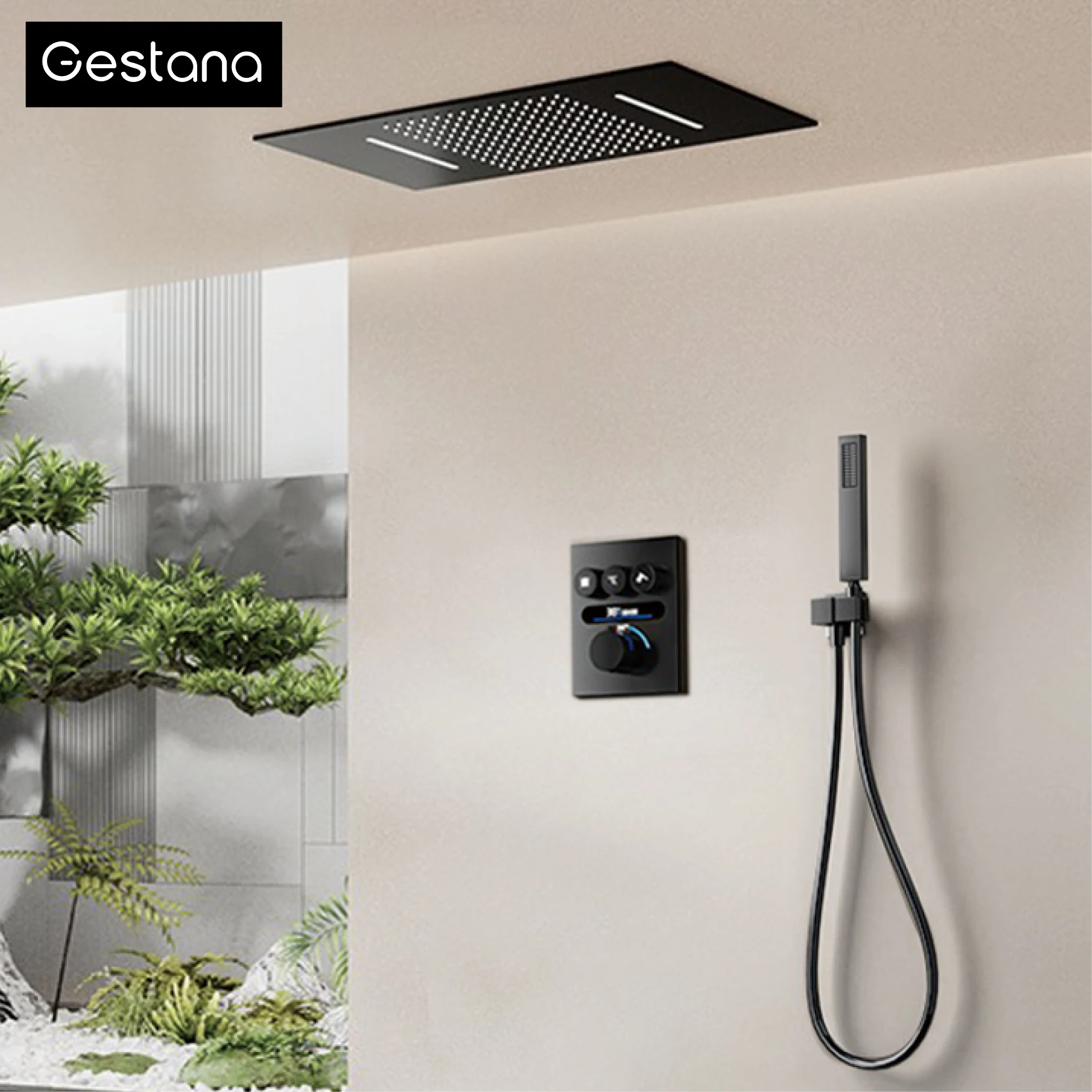 Luxury Brass Brushed Gold LED Digital Display Constant Temperature Shower System with Hot&Cold Water Ceiling Embedded Bath Mixer