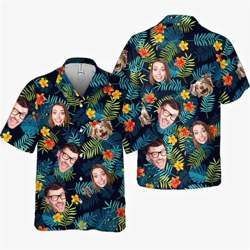 Custom Hawaiian Shirts DIY Ladies Gentlemen Baby Dog Cat Smile Face Avatar Fun 3D Print Button Shirts Short Sleeves DIY Shirts