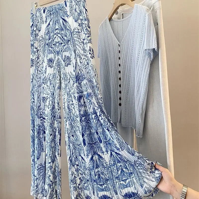 Summer New All Match Bohemian Wind Pressure Pleated Print Vintage Lightweight and Cool Wide Leg Pants
