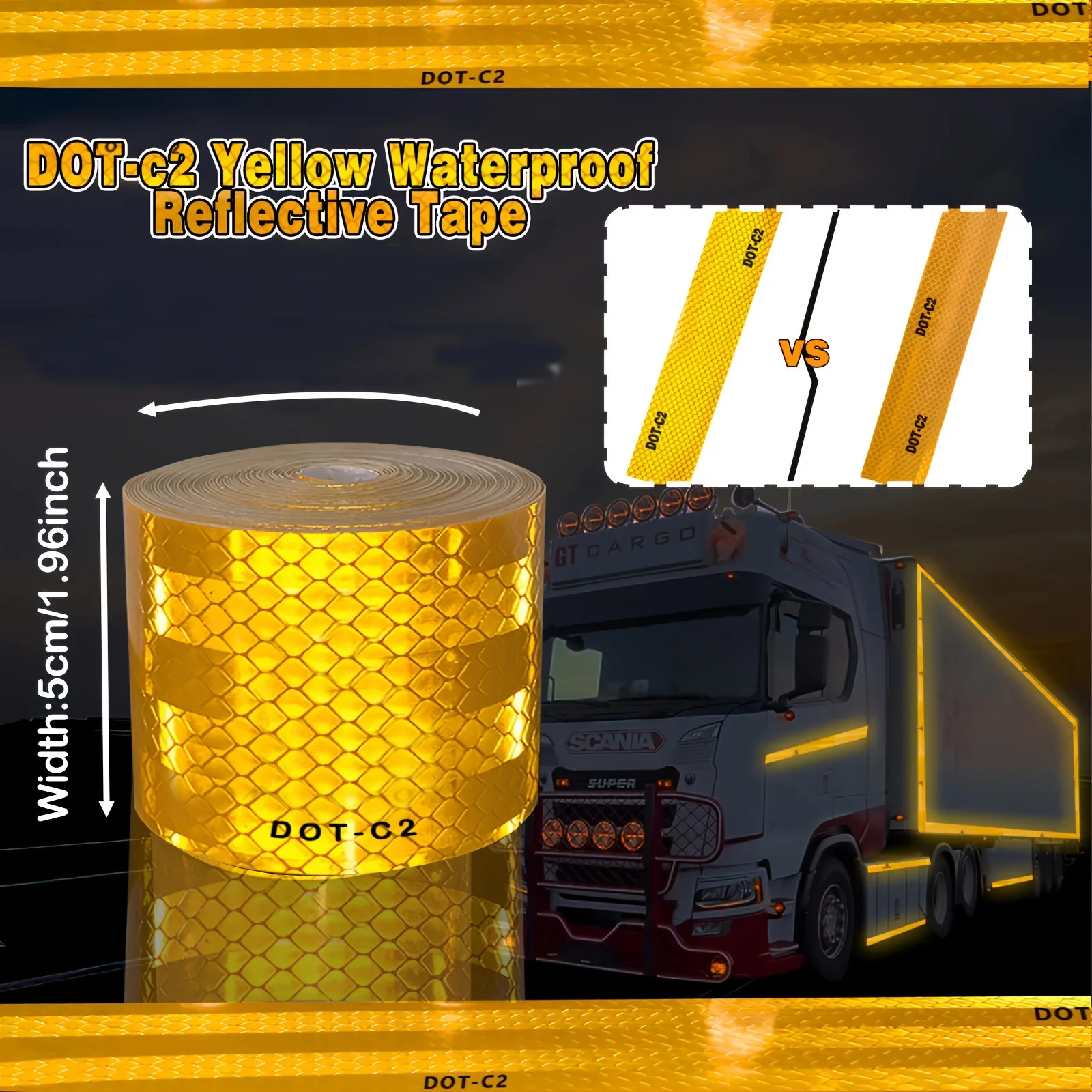 DOT-C2 Yellow Reflective Tape, Industrial High Quality, High Visibility Night, Self-Adhesive, Durable, Used In Building