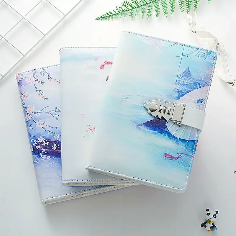 A5 PU Leather Diary Notebook with Password Lock Planner Retro and Journals Agenda Password Note Books for School Thicken Gift