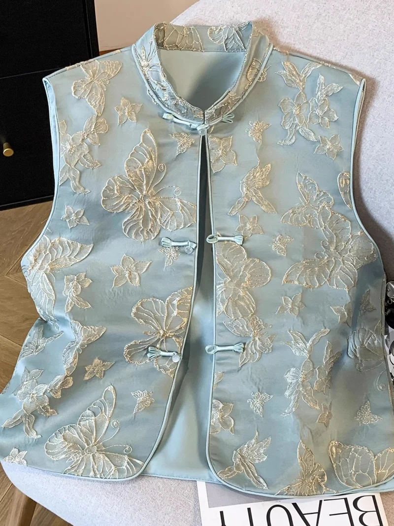 

New Chinese Style Jacquard Vest Women's Autumn Outerwear Buttoned Sleeveless Stand Up Collar Sleelveless Jacket Top w657