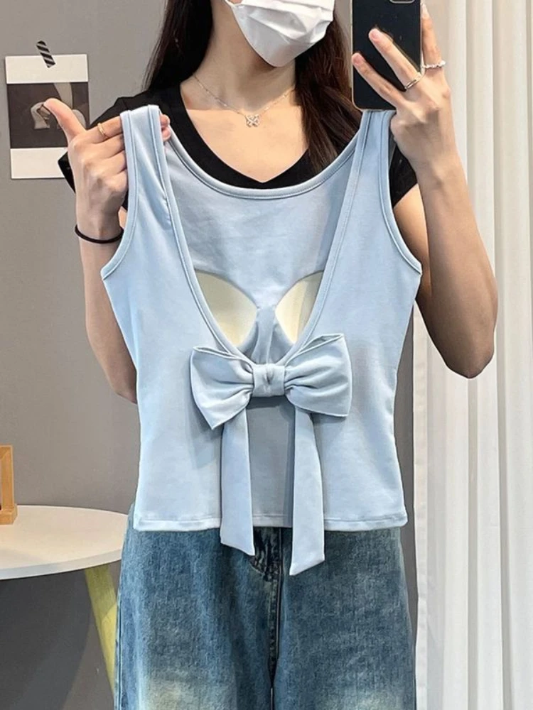 Gyaru Design Tanks Tops Bow Patchwork Solid Color Sleeveless Summer All Match Tees Female Slim Fashion 2024 New Women Clothing