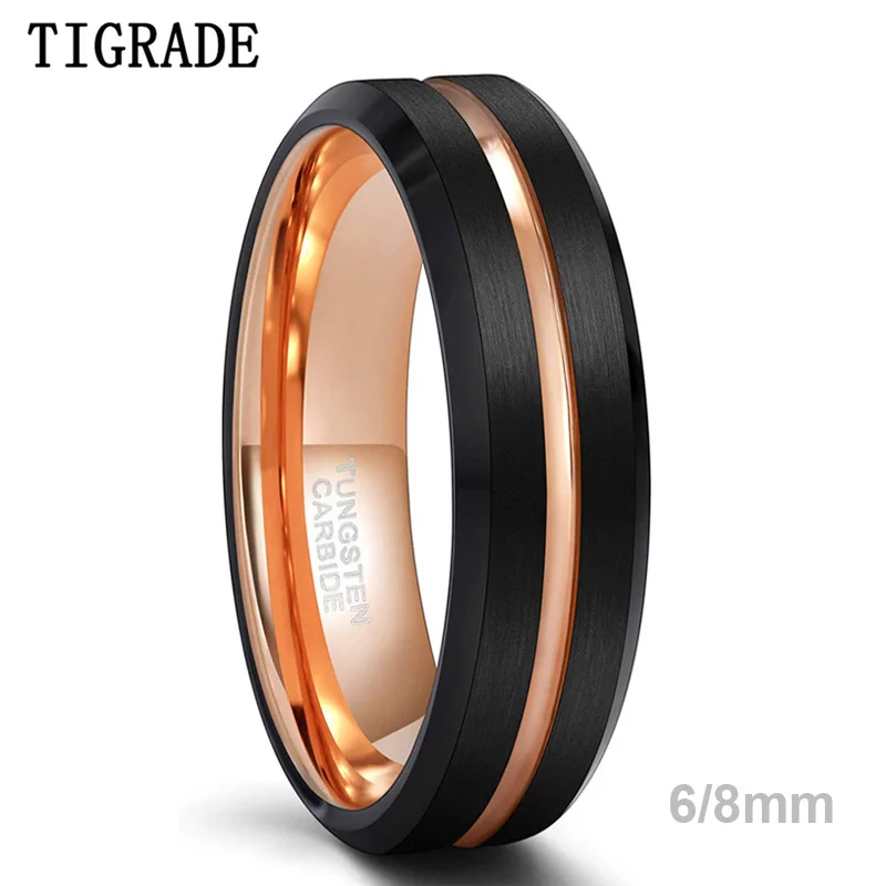 Tigrade Men Ring 8mm 6mm Black Tungsten Ring Luxury Jewelry With Rose Gold Line Wedding Band Men Tungsten Rings bague homme