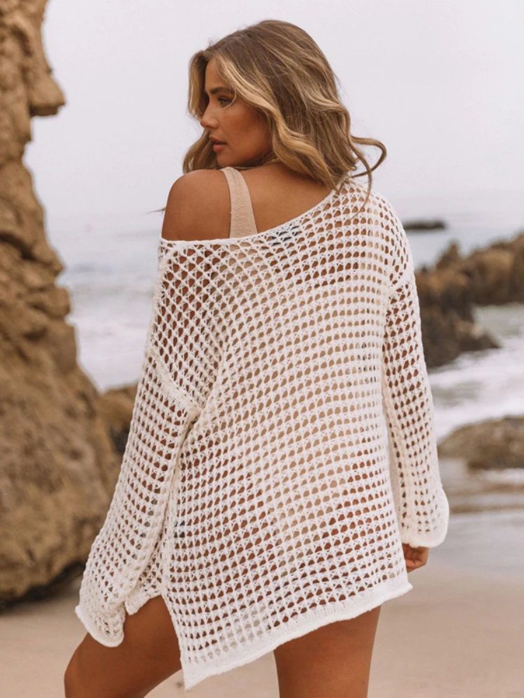 Women Beach Tunic Knitted Cut Out Transparent Crochet Dresses Solid Sexy Bikini Cover Up Swimsuit Cape Beachwear Hot Sales!