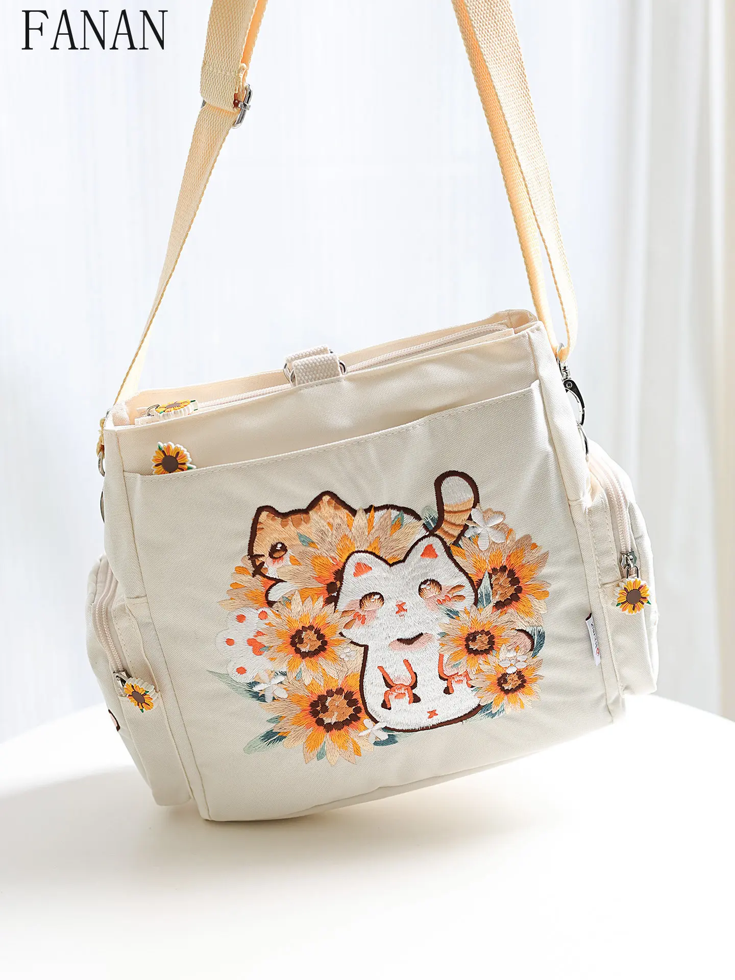 Large Capacity Canvas Bag with Cute Backpacks Cat Embroidery Multi-pocket Crossbody Shoulder Bag for Daily Use Casual Backpack