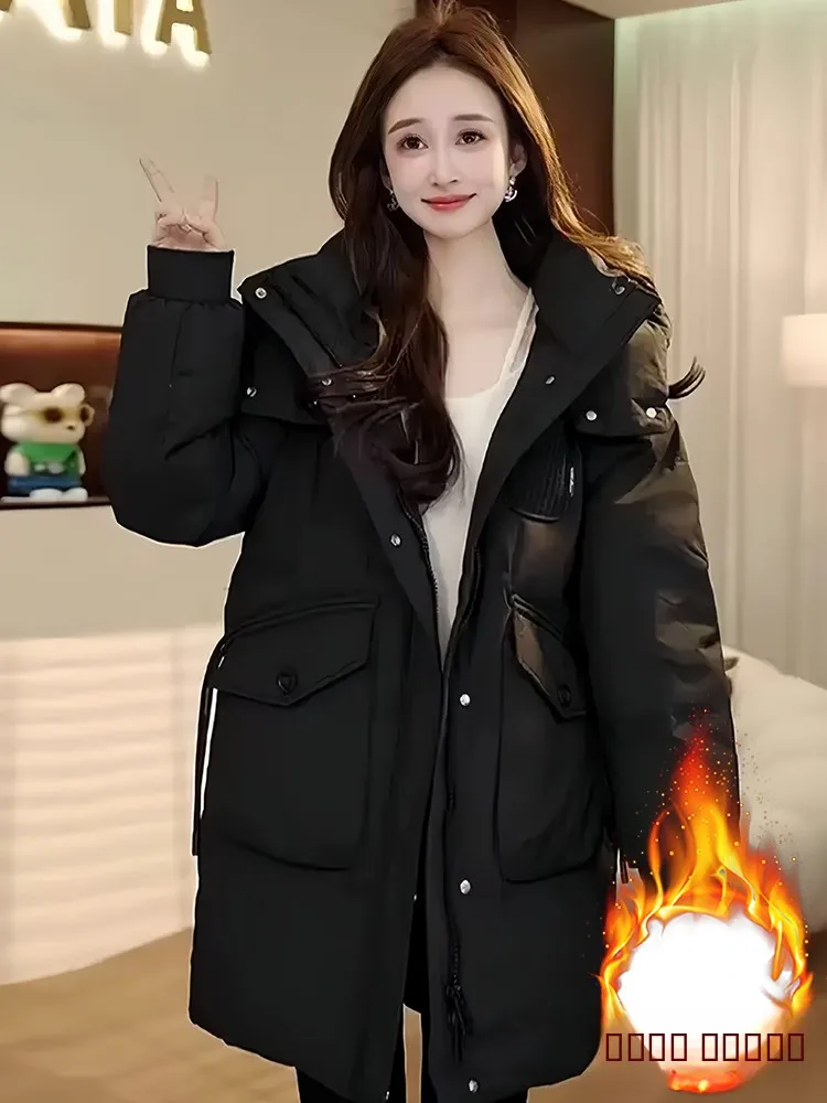 

Женская утепленная куртка с капюшоном на флисовой подкладке, корейский стиль, свободный крой, зимняя модная теплая куртка