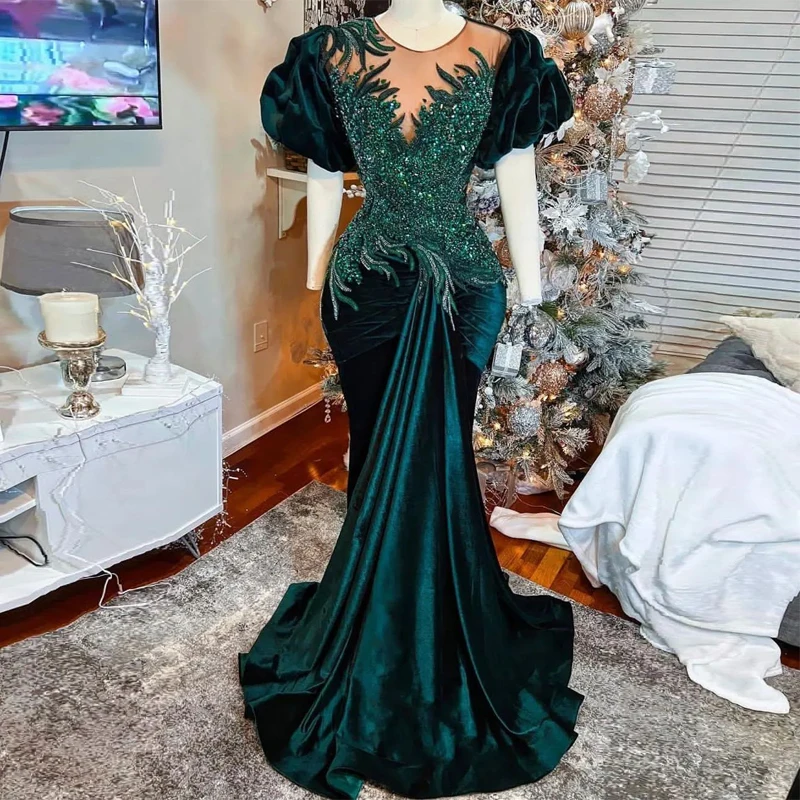 Aso Ebi Gorgeous Elegant ชุดราตรีพัฟแขน Sequins Appliques ผู้หญิงอย่างเป็นทางการ Mermaid Party Prom Gowns Plus ขนาด