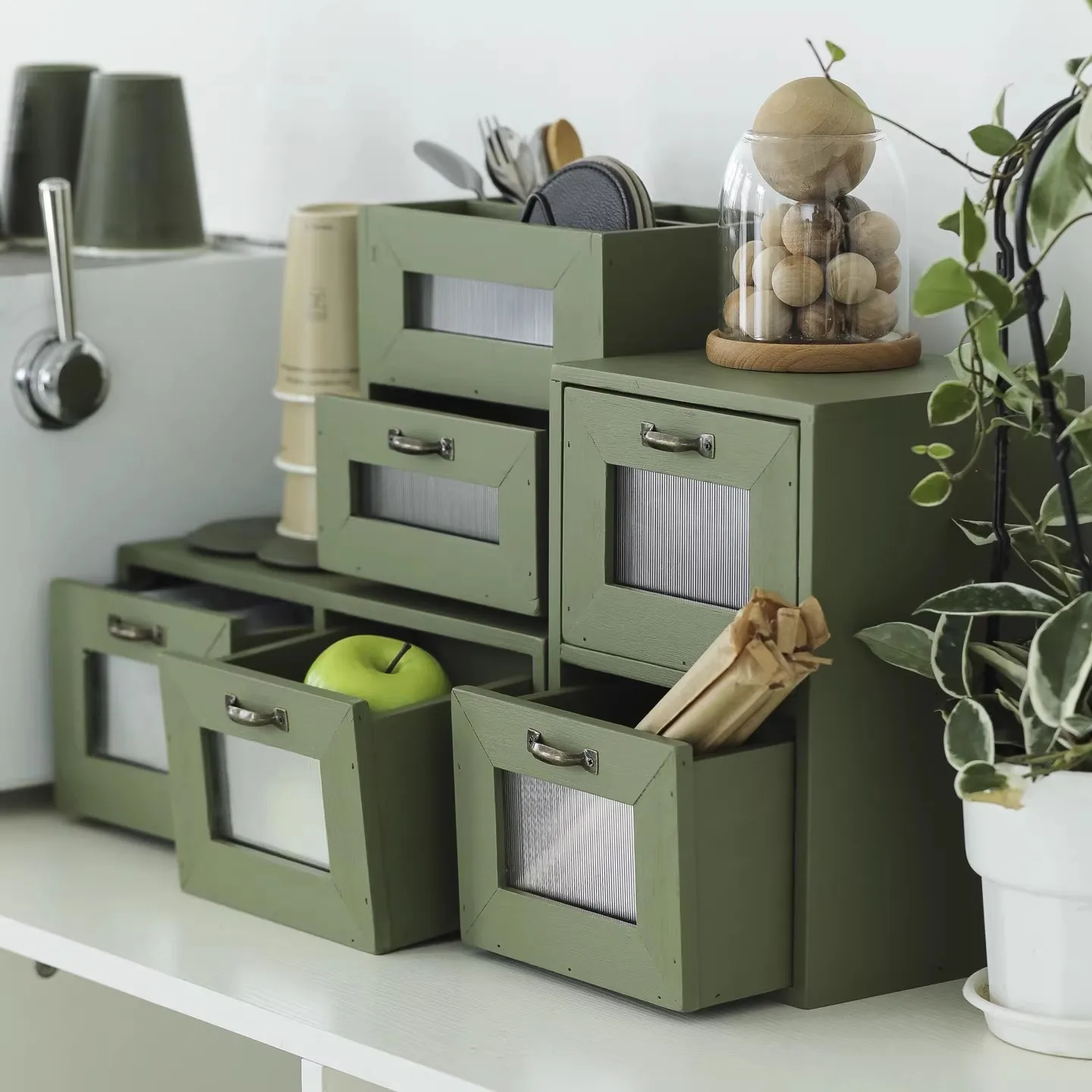 Dark Green Wooden Desktop Organizer Drawer Style Coffee Corner Decorative Miscellaneous Item Box for Office & Home