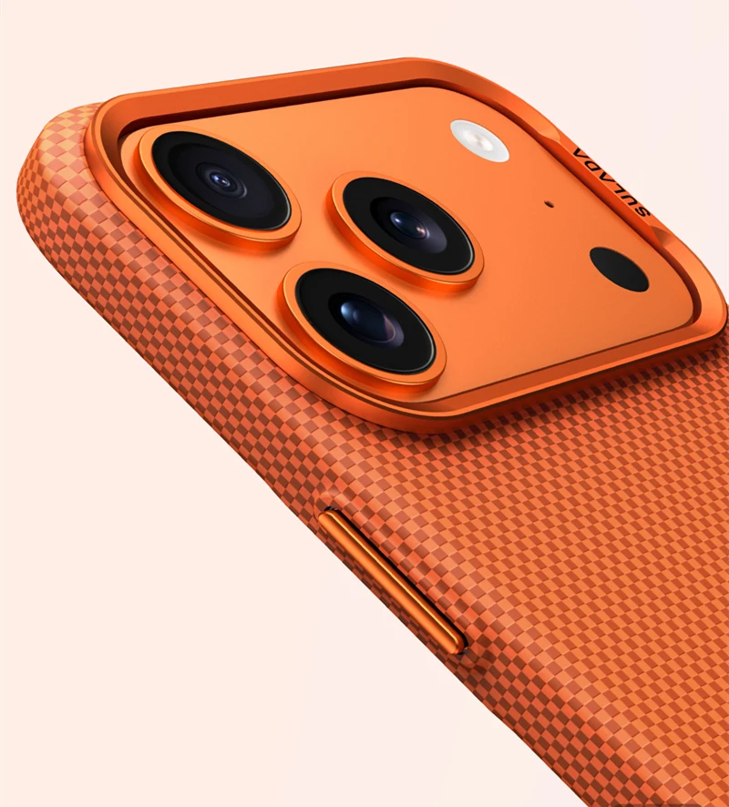 Magnetische Matte Handyhülle aus Legierung mit Einfarbigem Glas für iPhone 17 18 Pro Max 16 Pro, Carbonfaser-Textur, Kabellose Ladung, Rückseitenabdeckung – Detail 6