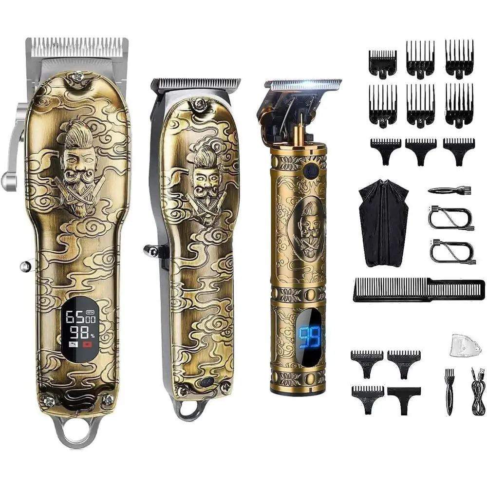 Professional 3-Piece Haircut Clippers and Trimmers Set for Men, Cordless, with LED Display and T-Blade Beard Trimmer