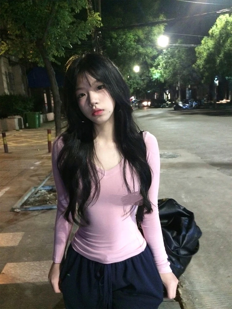 Cseta de Manga Larga Rosa con Cuello en V Estilo Americano para Mujer, Ropa Interior Sexy Elástica y Ajustada para Otoño