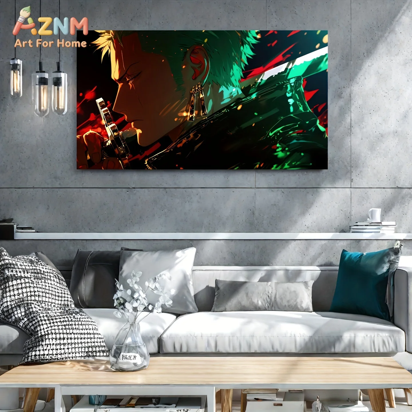 AZNM One Piece Roronoa Zoro Side Profile Green Blade Red Splash Dark Anime Canvas Wall Art Swordsman Character Print Unframed Ca