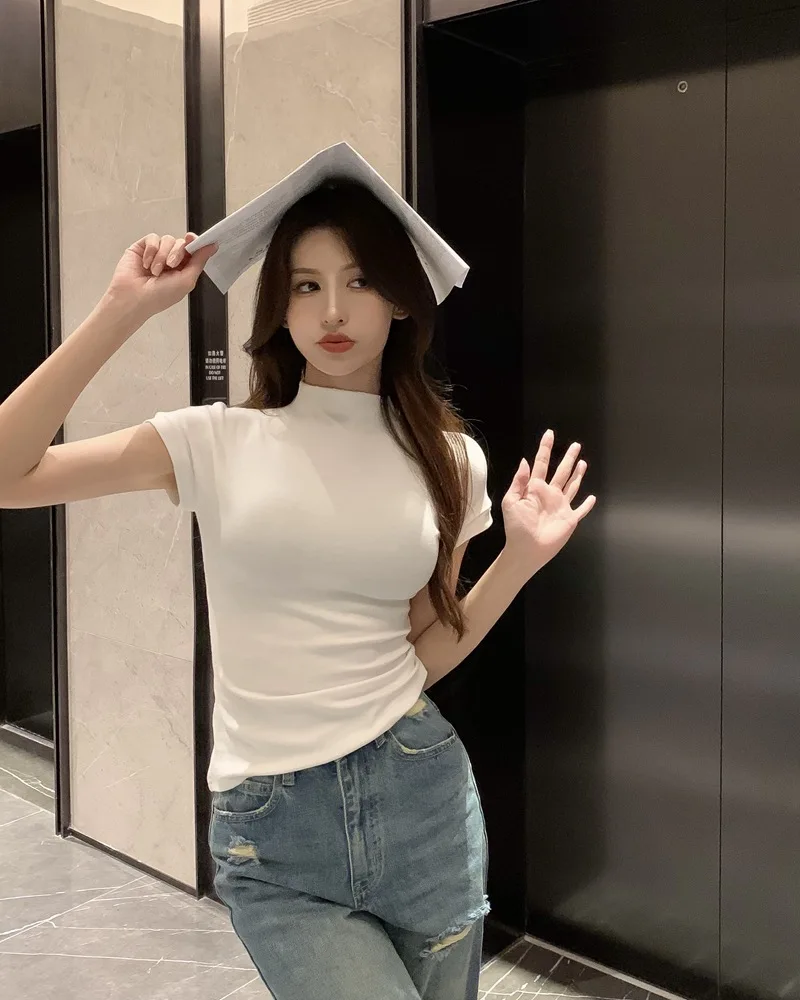 Koreanische Mode Grundlegende Crop Top Dame Kurzarm Crewneck Dünne T-shirt Sommer T für Frauen Vintage Top Harajuku Y2k Streetwear – Detail 8