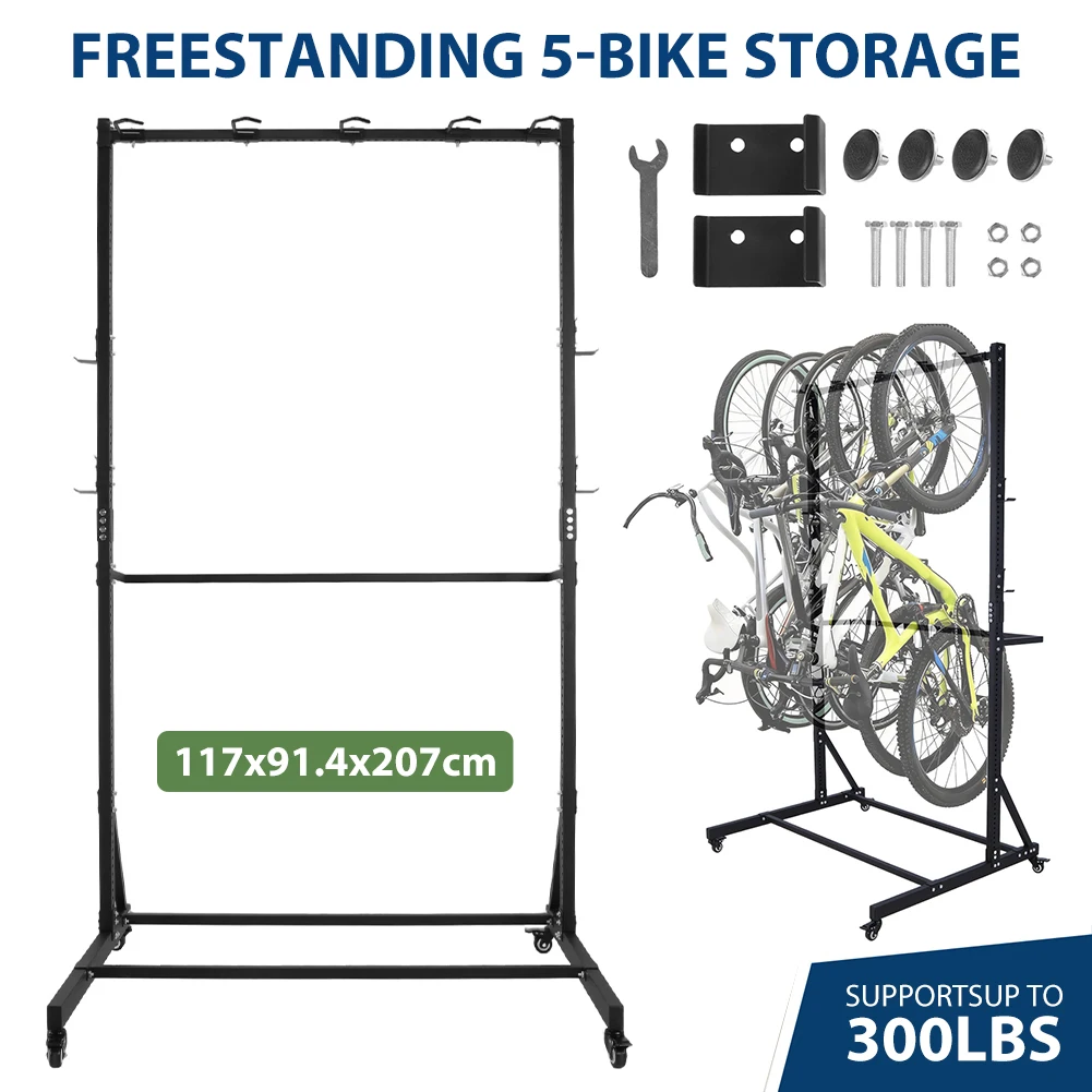 

Vertical Bike Stand with Locking Casters & 6 Hooks Heavy Duty Bike Hanger Holds Up To 5 Bikes Height Adjustable for Garage