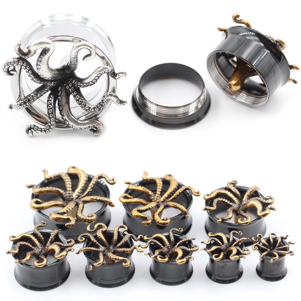Alisouy 2PCS Stainless Steel Octopus Tentacles Flared Ear Tunnels Plug Expander Stretcher Gauges Earrings Piercing Body Jewelry