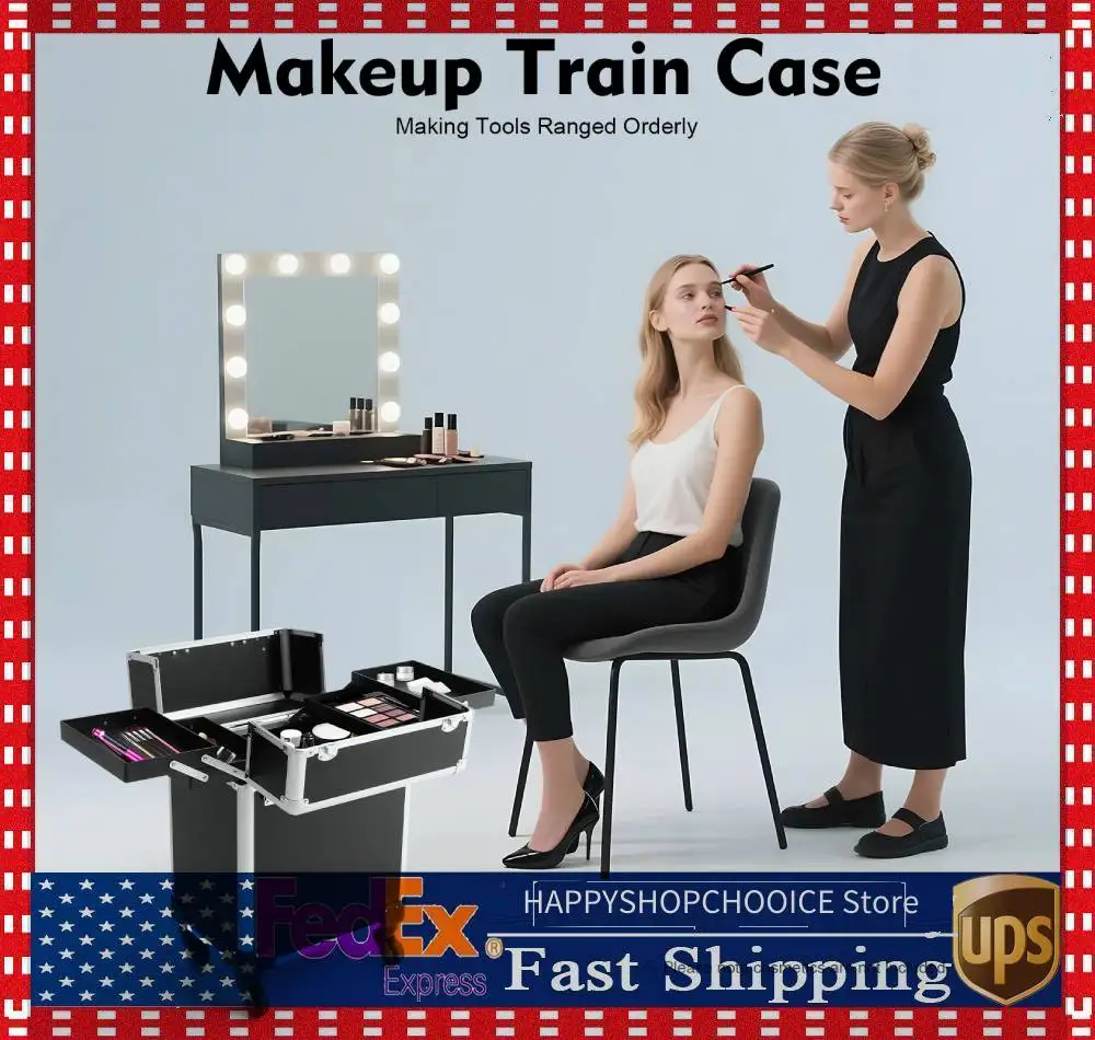 

Косметический чемодан на колесиках с ручкой, запираемый, для макияжа и парикмахерских принадлежностей - черный