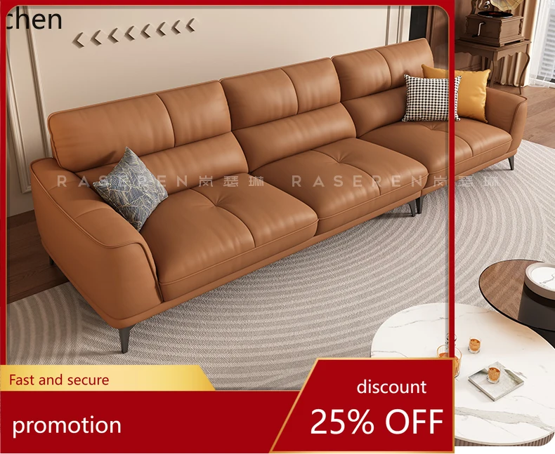 

HT minimalist leather sofa first layer cowhide simple modern three-person straight row small apartment cream leather art