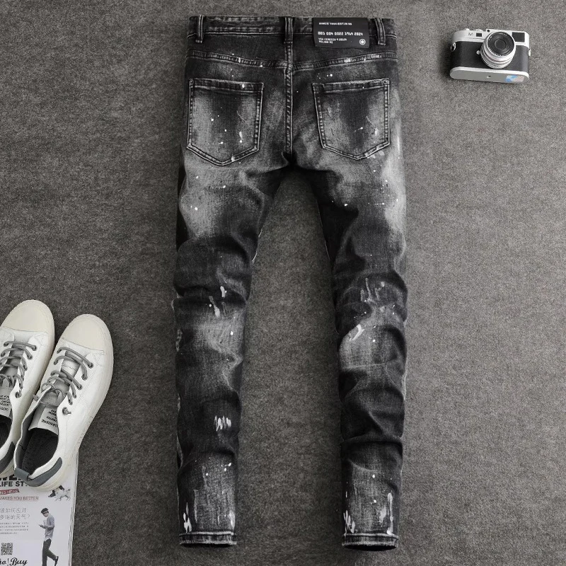 Street Fashion Men's Jeans, High-Quality Stretch Slim Fit, Painted Ripple Black Gray Jeans, Hip-Hop Brand Products, Designer Pan