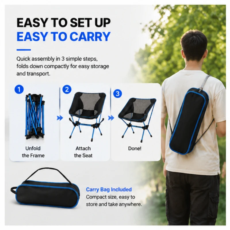 Extended Seat Portable Foldable Camping Chair, Ultralight Detachable Frame Ideal for Outdoor Fishing Journeys - view 6