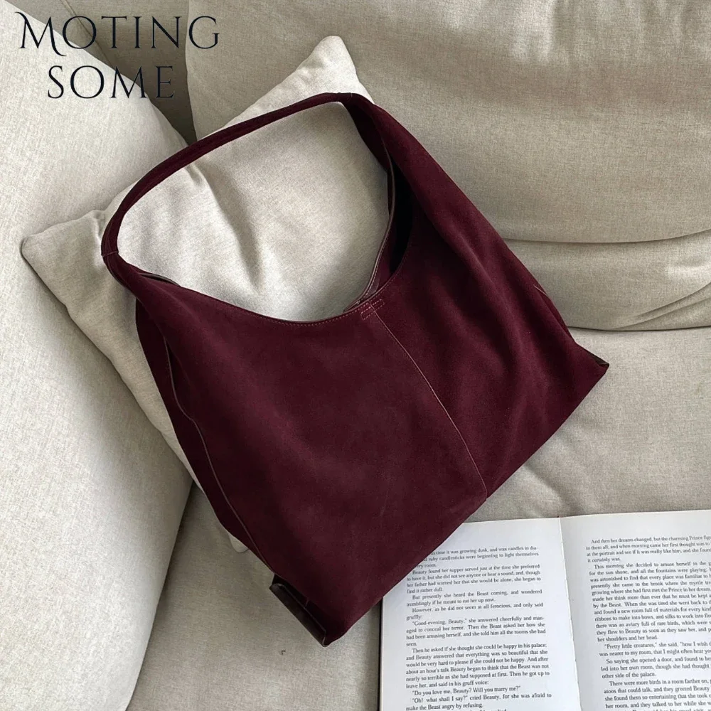 Motingsome Oversized 42cm Women Suede Bag Luxury Saddle Purses 100% Natural Suede Leather Causal Tote Rommy Commuting Purse 2024