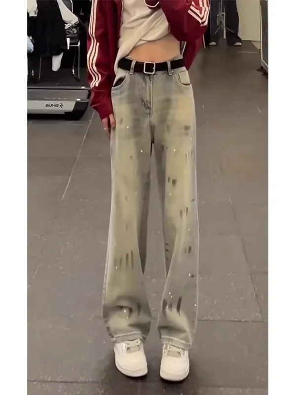 

American High Street Splaed Ink Jeans Men's Spring New Sle Slim Straight Tube Pants Casual Loose Fit Jeans for Youth