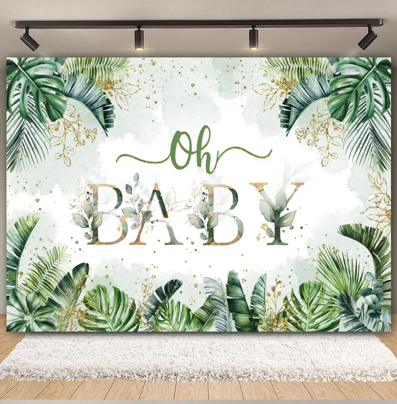 Oh Baby Baby Shower Photography Backdrop Newborn Kids 1st Birthday Party Green Leaves Floral Background Cake Smash Photo Studio