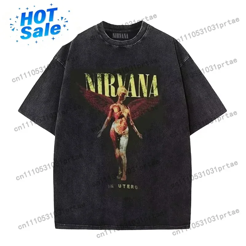 Nirvana Band Rock Apocalyptic Cobain Loose Washed Vintage T-Shirt Punk Style Short Sleeve round Neck Art Theme Print Black