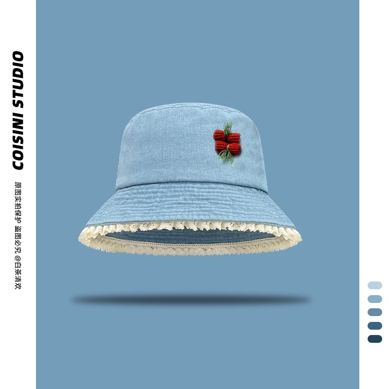 

Japanese Retro Lace Edge Handmade Applique Design Denim Bucket Hat Summer Outdoor Leisure Sun Protection Versatile Women's Cap