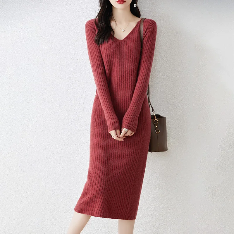 ピュアウールニットセーターのスカート,Vネックのプルオーバー,単色,柔らかくエレガント,長い,女性のための気質,秋冬,新作コレクション