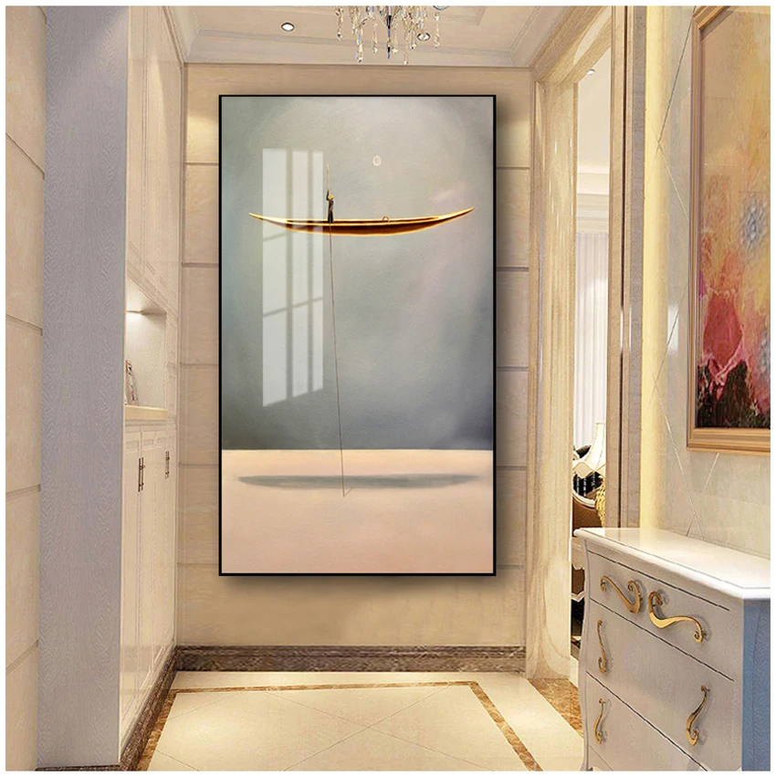 Print Nordic Wall Art Picture Living Room Decor Golden Boat Abstract Canvas Painting Minimalist Landscape Artwork Poster