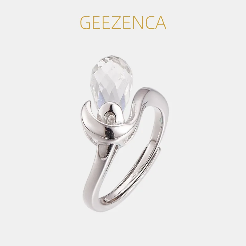 

GEEZENCA 925 Sterling Silver White Crystal Solitaire Stone Open Ring For Women Dainty Flower Bud Trendy Stack Adjustable Rings