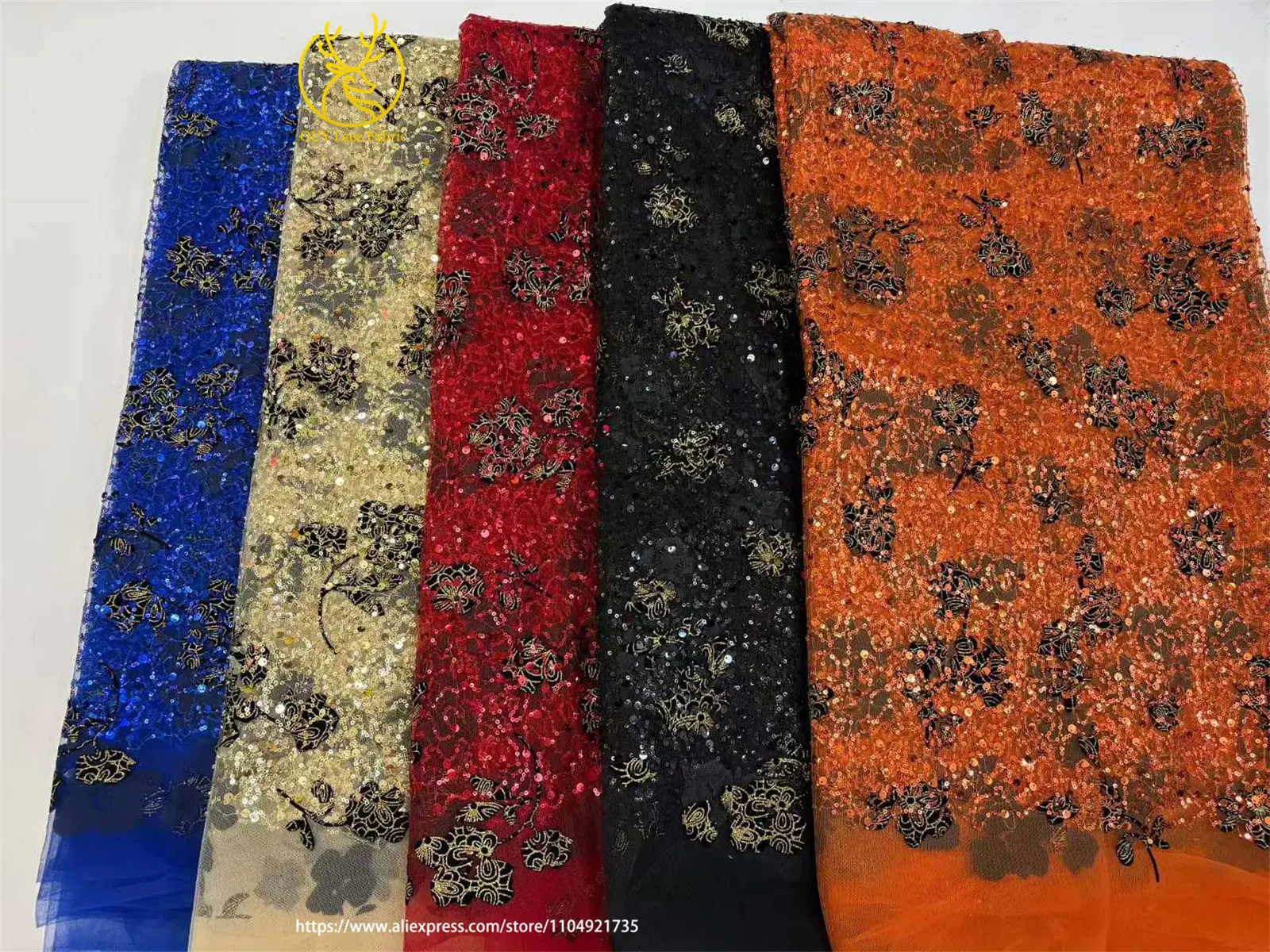 Afrikanischer Pailletten-Spitzenstoff, 2025, hochwertige Bräutigam-Stickerei, französischer nigerianischer orangefarbener Tüll-Spitze, Material für Hochzeit, Party, Kleid – Detail 13