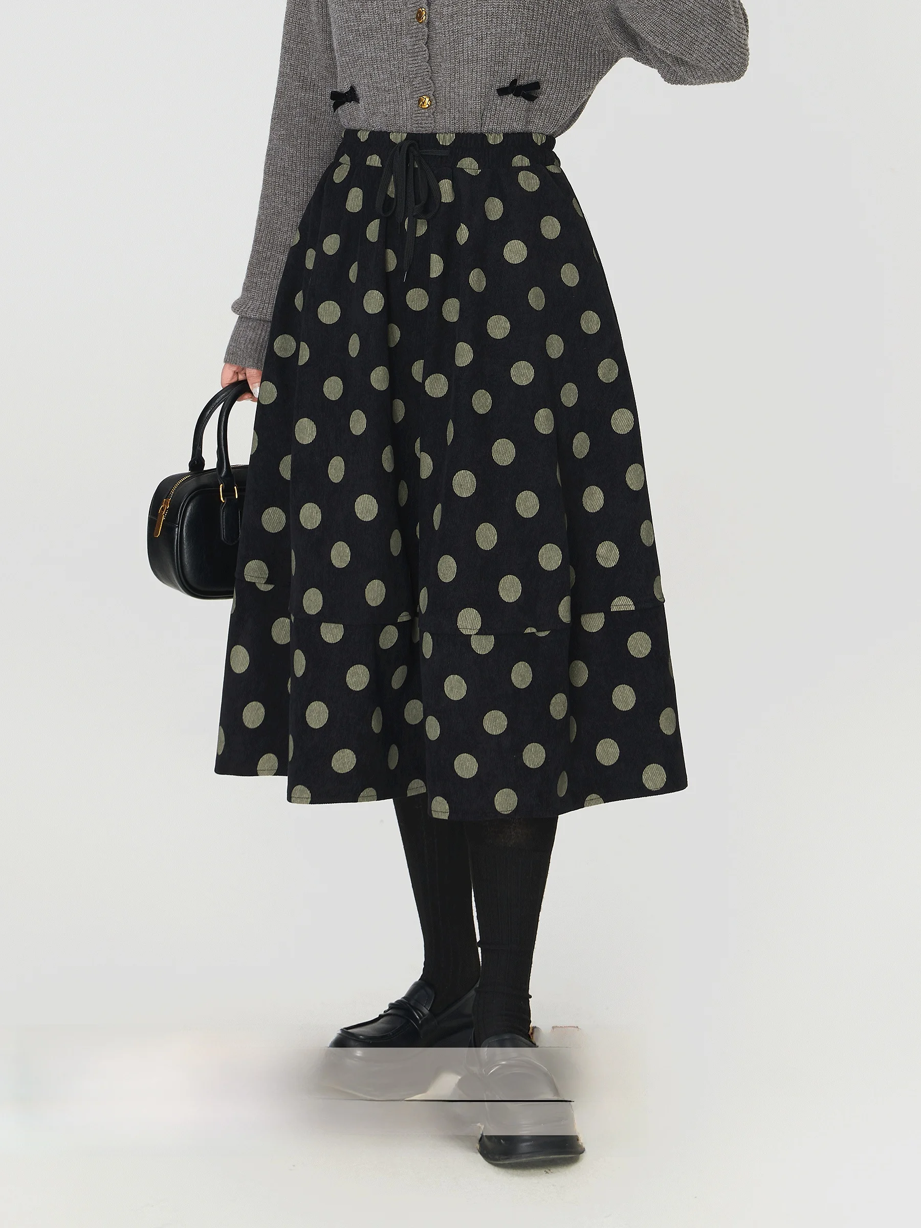 

Вельветовая юбка трапециевидной формы с высокой талией, женская юбка-миди больших размеров, осень-зима, утягивающая юбка-миди в горошек, закрывающая бедра, корейский Sle