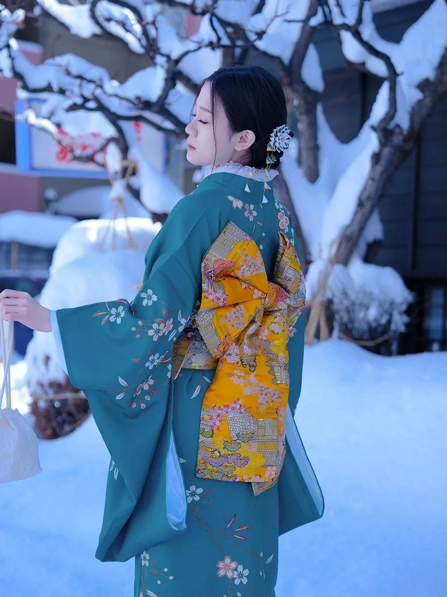 

Japan Style Women Traditional Kimono Green Color Floral Prints Formal Yukata with Obi Cosplay Costume Travel Photography Dress