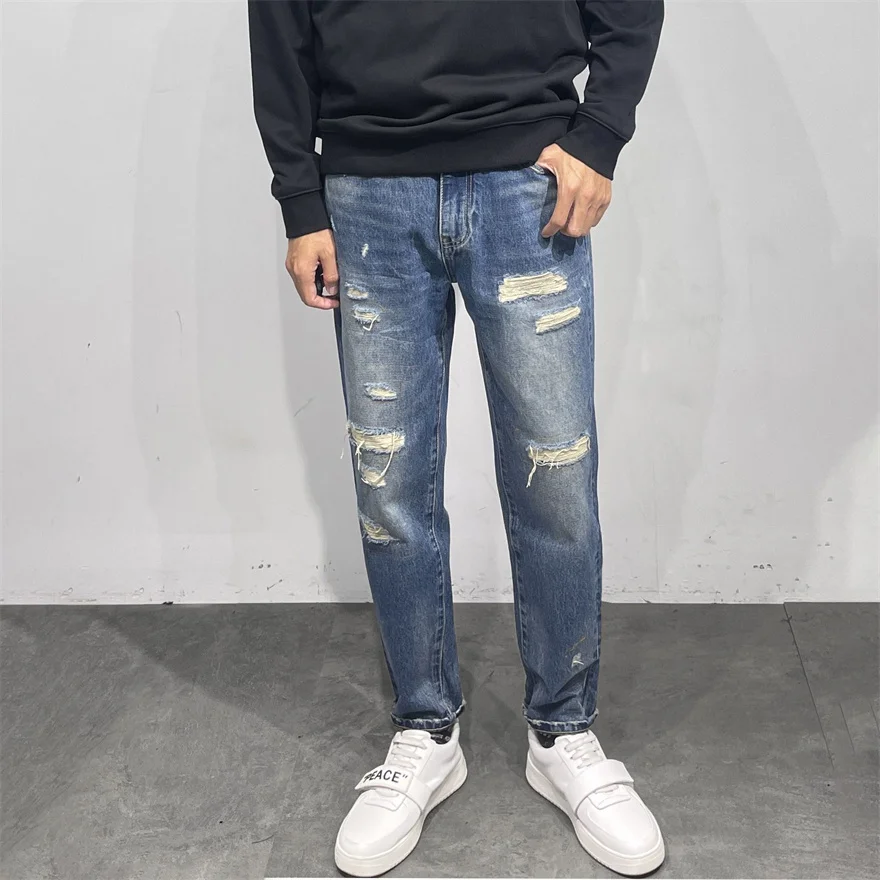 

Pure Cotton Skinny Jeans Men's Autumn Winter Distred Patched Cone aped Denim Pants Waed out Casual Straight Leg Jeans