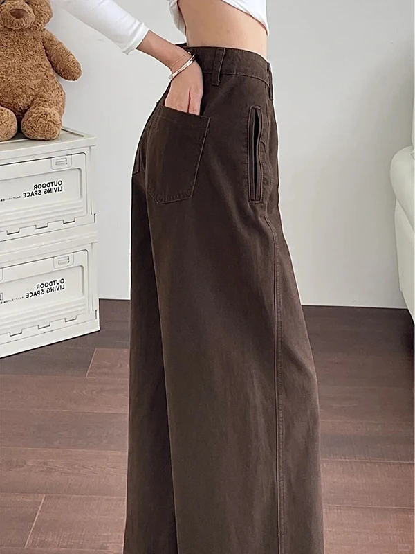 กางเกงยีนส์ขากว้างเอวสูงสีน้ำตาลสำหรับผู้หญิง ฤดูใบไม้ร่วง ฤดูหนาว รุ่นใหม่ ทรงหลวม ทรงตรง ดีไซน์วินเทจลายมีด