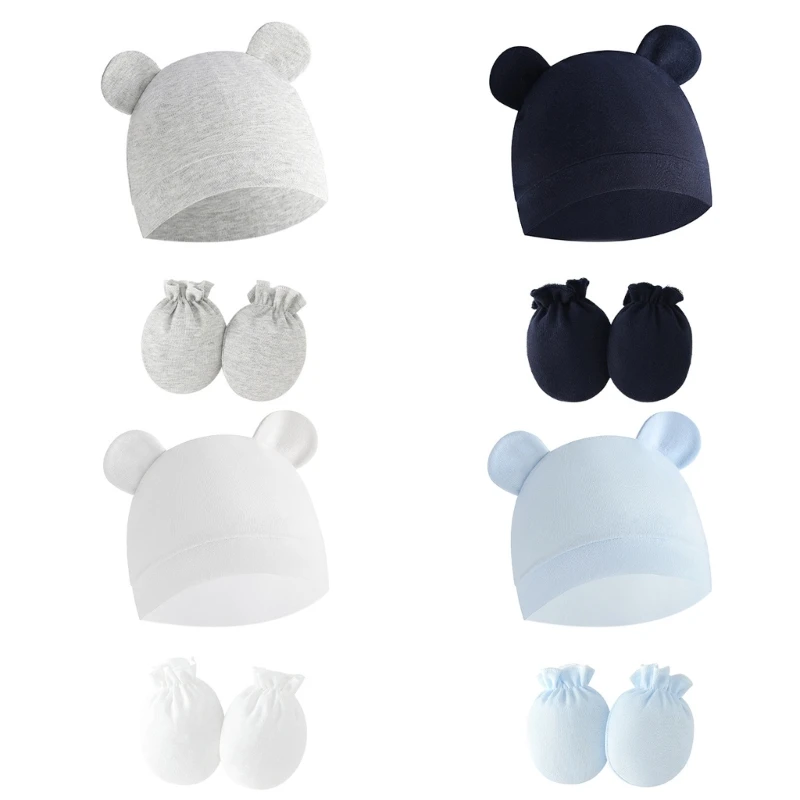 Newborn Baby Hat & Anti Scratch Gloves Set Cotton Headwear Anti-grab Mittens and Hospital Caps for Boys Girls