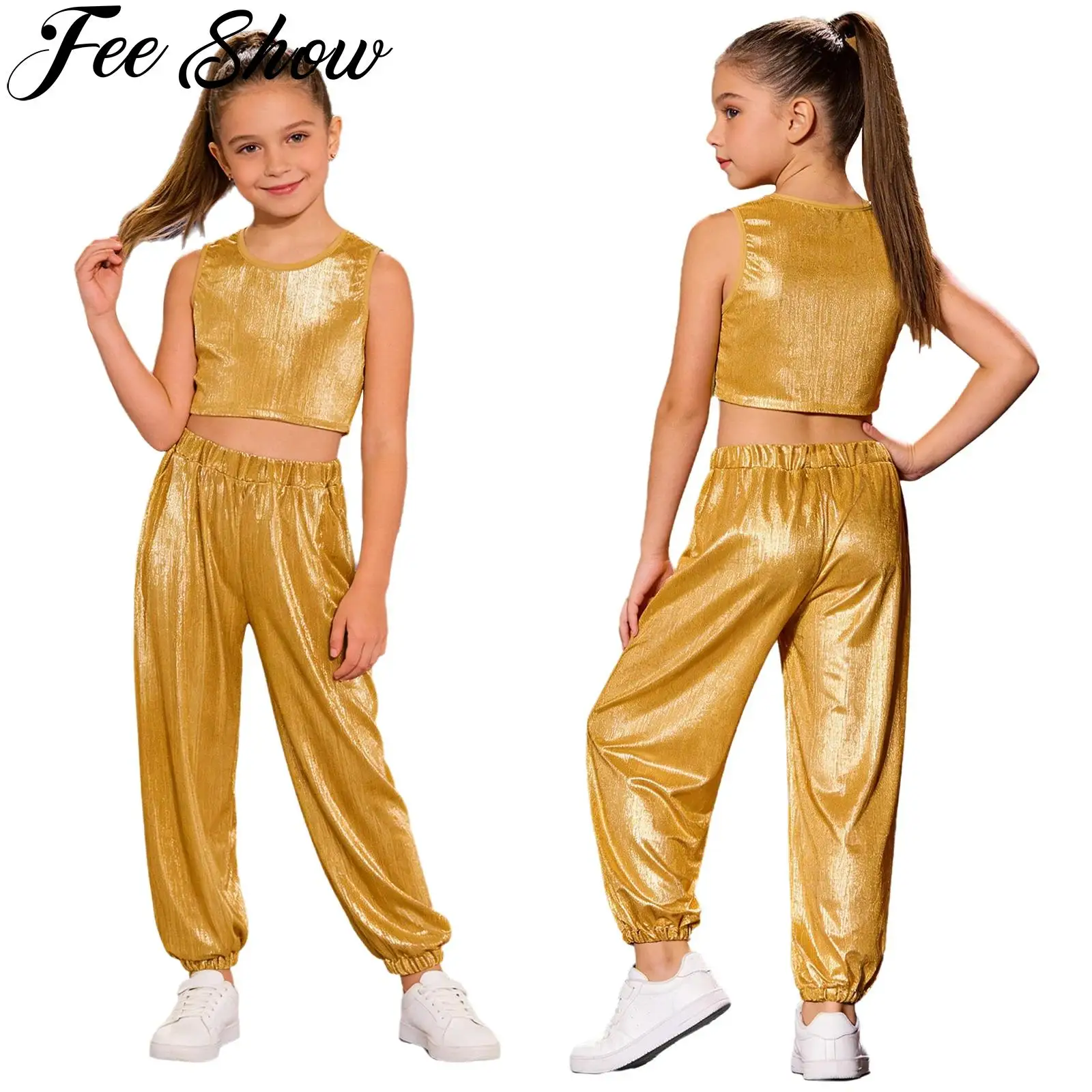 Teen Girls Metallic Jazz Hip Hop Street Dance Outfit Sleeveless Glossy Crop Top with Jogger Pants for Cheerleading Performance