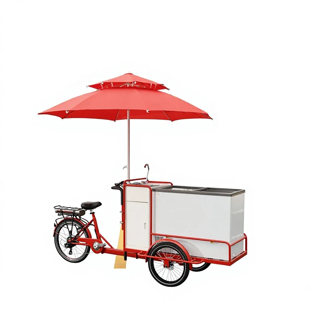 Red Freezer Cart, Ice Cream and Cold Drink Delivery Cart, Street Scene Stall Selling Cart, Reverse Riding Tricycle