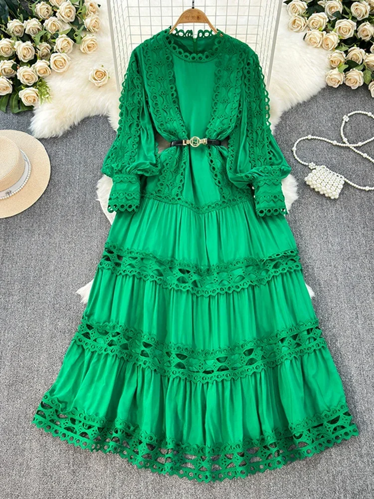 European Korean Long Party Dress for Spring Autumn Women Hollowed Out Lace Patchwork Slim Fit Long Sleeved High-end Dress A110