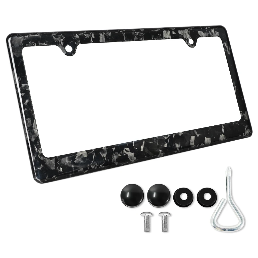 Glossy Black Forged Pattern Carbon Fiber License Plate Frame 1PC For US 2-Hole Car Tag Holder Cover with Screw Caps